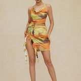 Abstracte Print Halter Cowl Neck Split Mini Jurk