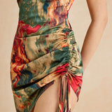 Aquarel Print Satijnen Rimpel Drawstring Slip Mini Jurk