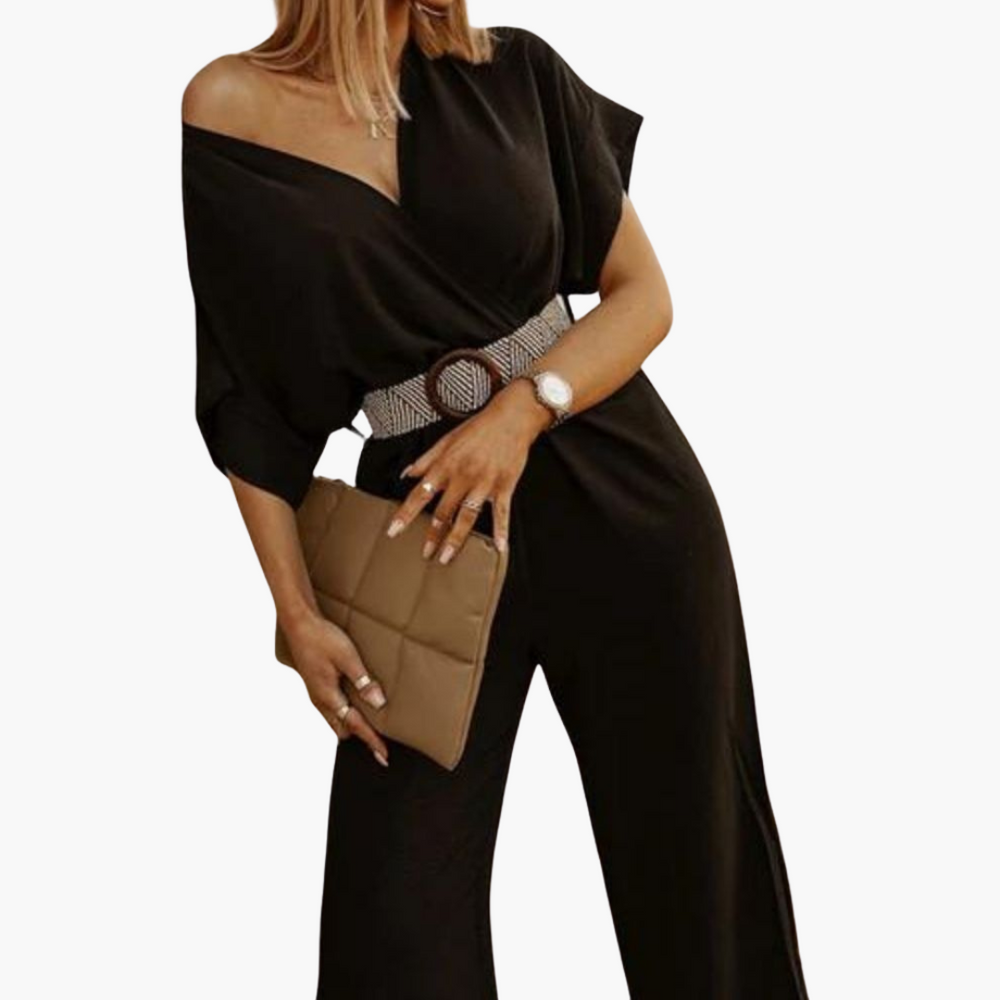 Dames V-hals Jumpsuit met Ceintuur, Brede Pijpen en Korte Mouwen