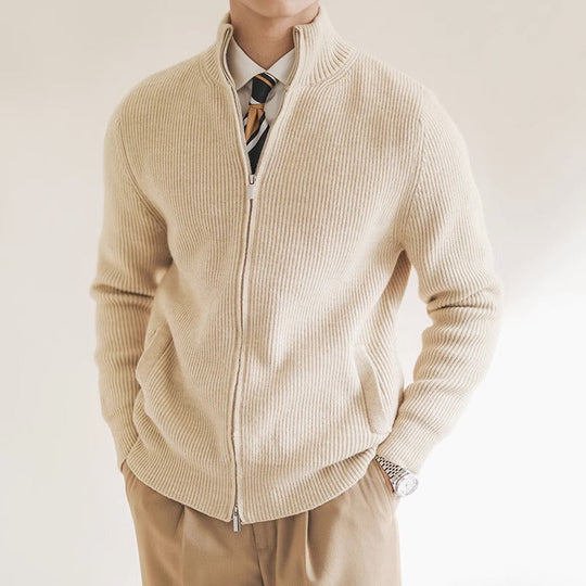 Heren Slim Fit Rits Cardigan met Geribbelde Textuur en Staande Kraag
