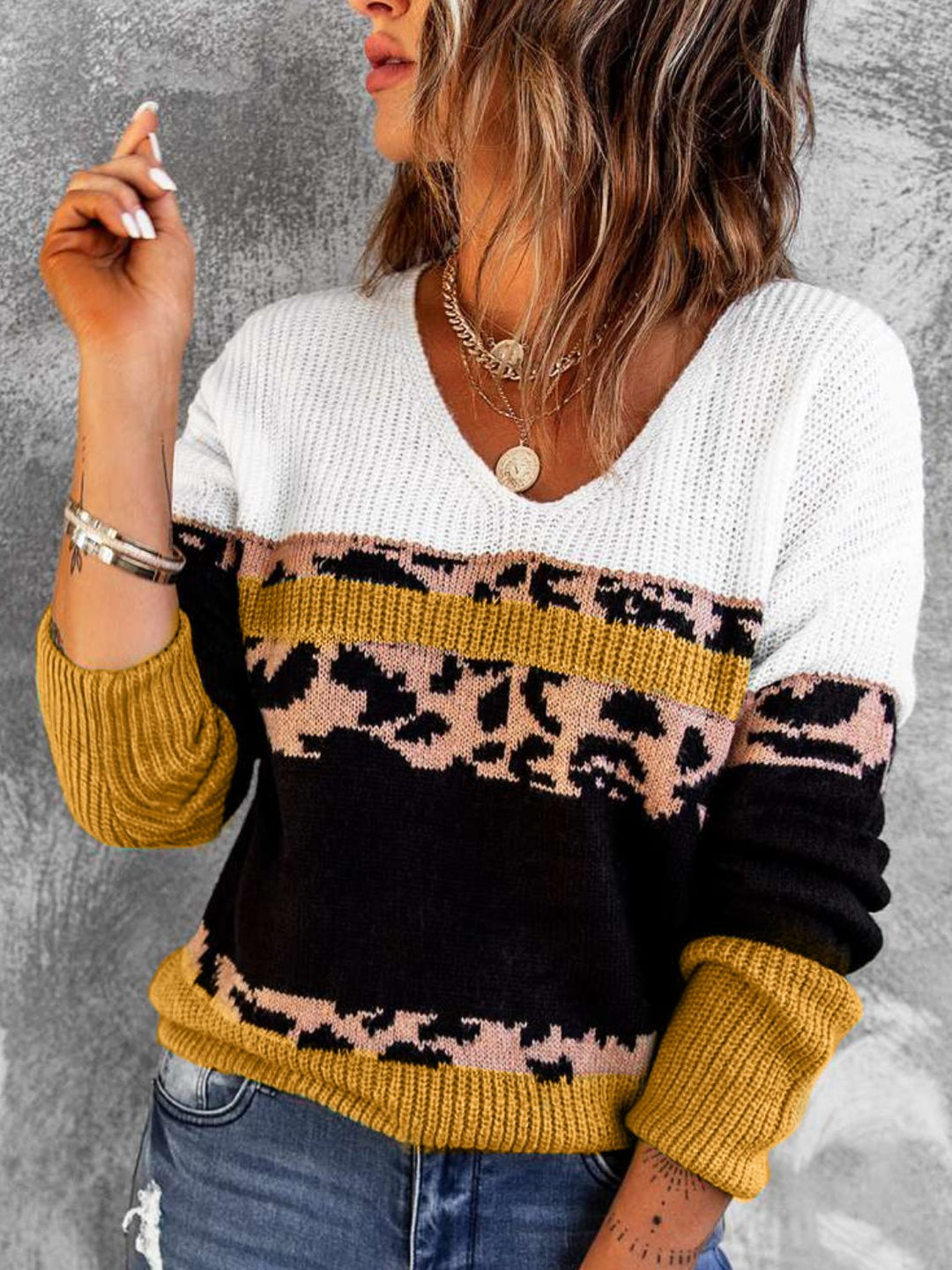 Luipaard Kleurblok V-Hals Ribbelsweater | Lange Mouwen | Casual Gezellige Trui