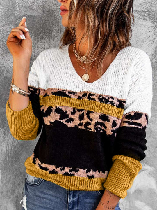 Luipaard Kleurblok V-Hals Ribbelsweater | Lange Mouwen | Casual Gezellige Trui