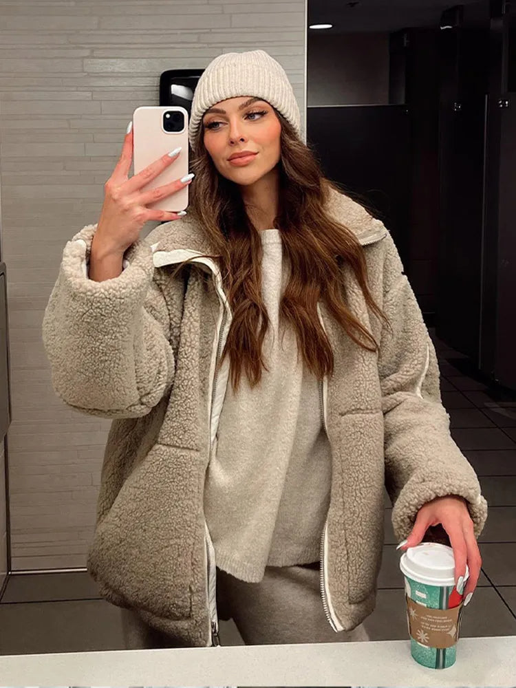 Dames Oversized Fleece Jas met Rits en Hoge Kraag | Comfortabele Pluche Winterjas