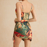 Aquarel Print Satijnen Rimpel Drawstring Slip Mini Jurk