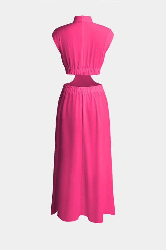 Mock Neck Cut Out Plissé Maxi Jurk
