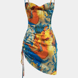 Aquarel Print Satijnen Rimpel Drawstring Slip Mini Jurk