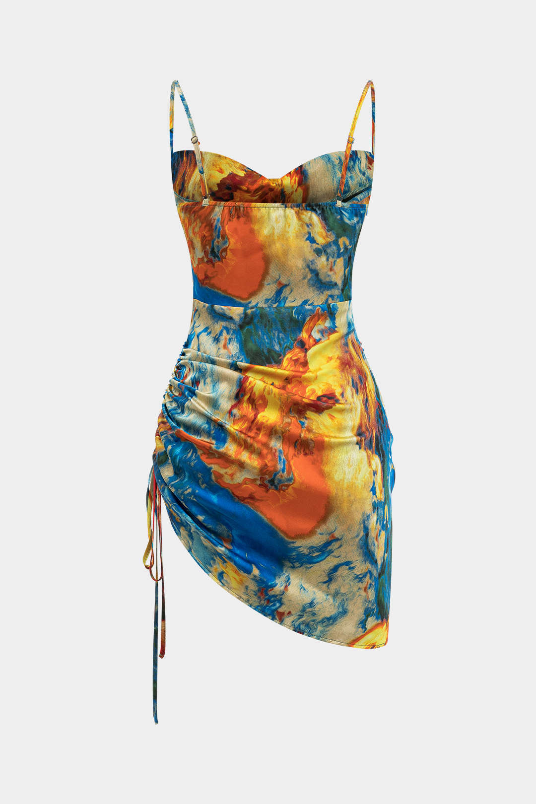 Aquarel Print Satijnen Rimpel Drawstring Slip Mini Jurk