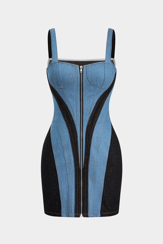 Contrast Denim Patchwork Zipper Bustier Jurk
