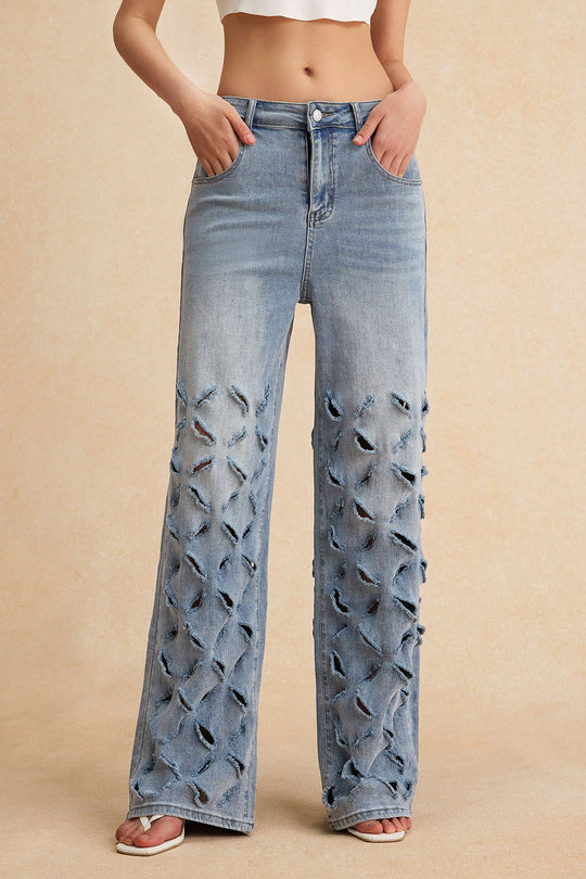 Gescheurde Cut Out Knop Pocket Wijde Pijpen Jeans