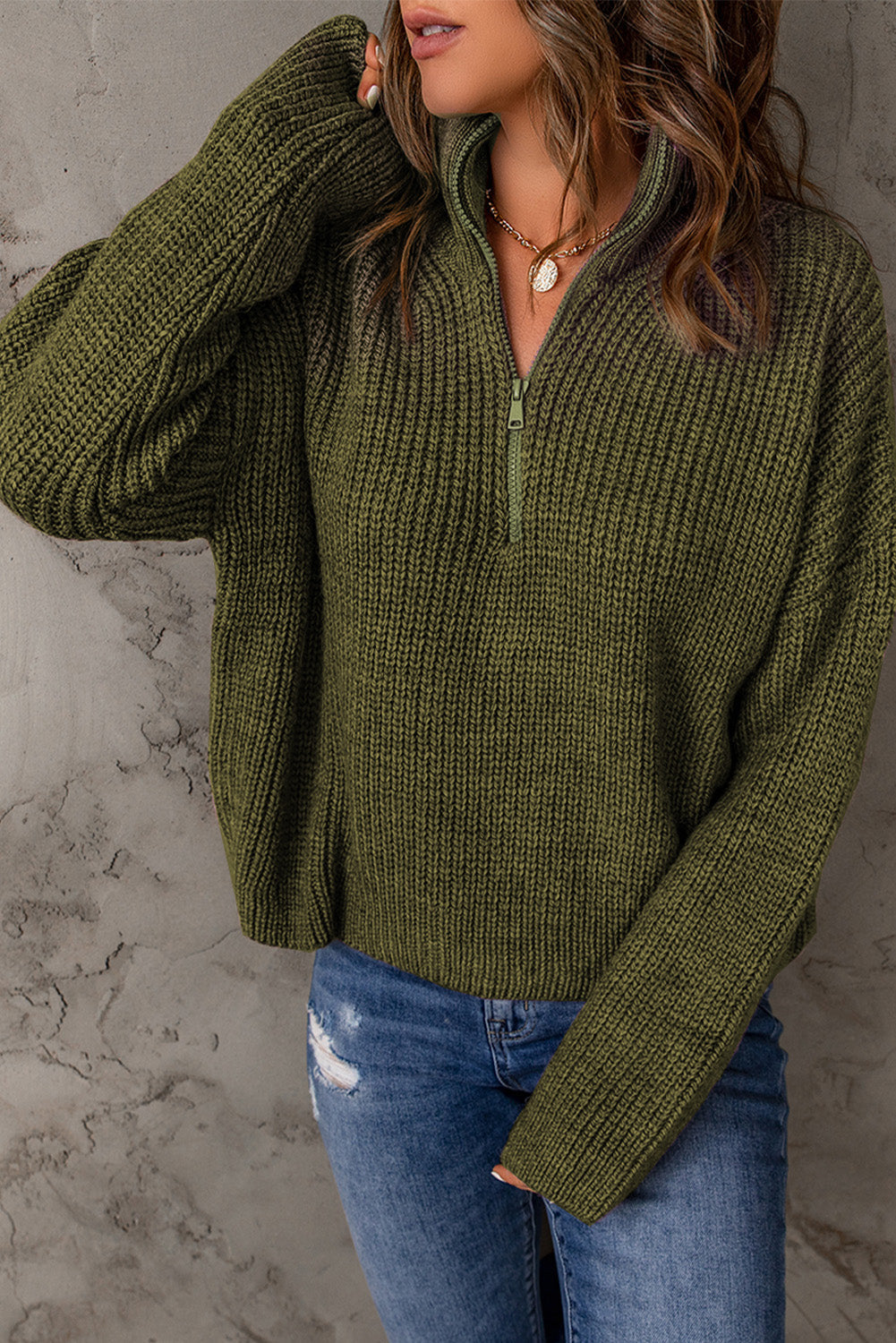 Dames Half Zip Rib-Knit Trui | Verlaagde Schouder | Hoge Hals