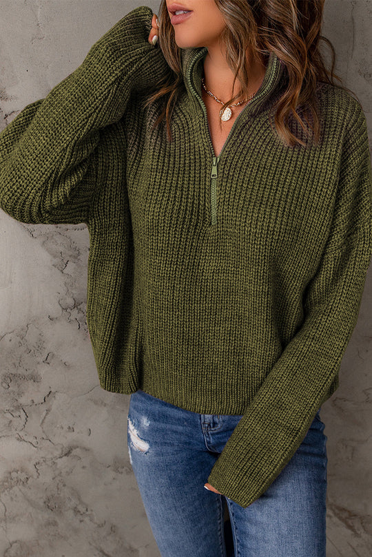 Dames Half Zip Rib-Knit Trui | Verlaagde Schouder | Hoge Hals