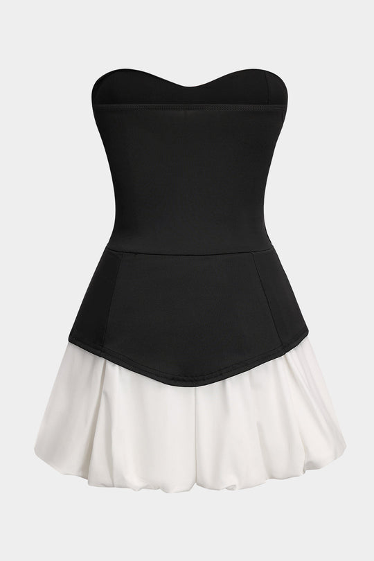 Strapless Patchwork Mouwloze Mini Jurk
