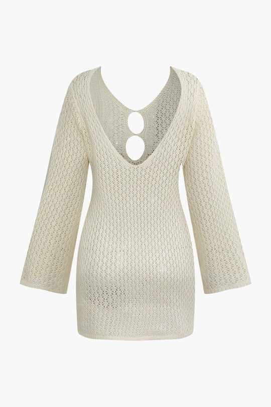 Gebreid Cut Out Rugloze Lange Mouw Mini Jurk