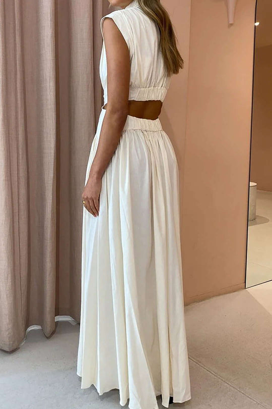 Mock Neck Cut Out Plissé Maxi Jurk