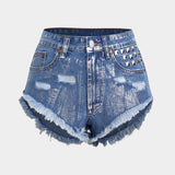 Denim Metallic Hoge Taille Studded Shorts