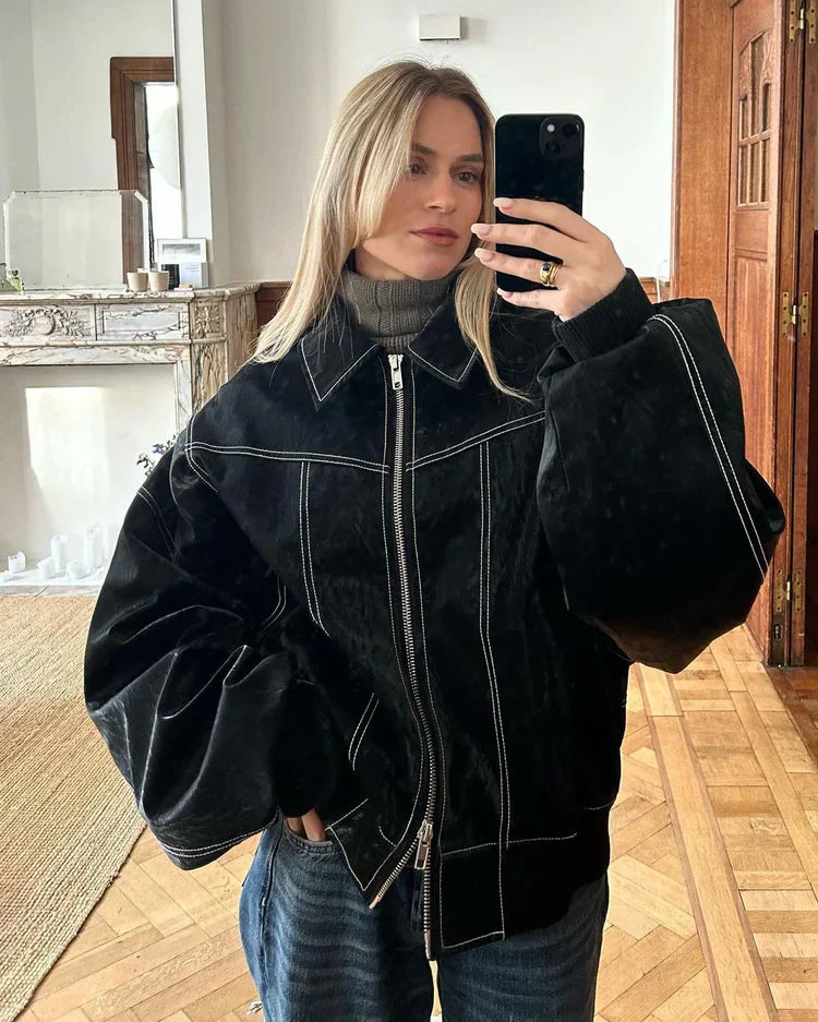 Oversized Leren Jas Dames – Trendy Semi-Leren Jacket met Rechte Pasvorm en Knoopsluiting