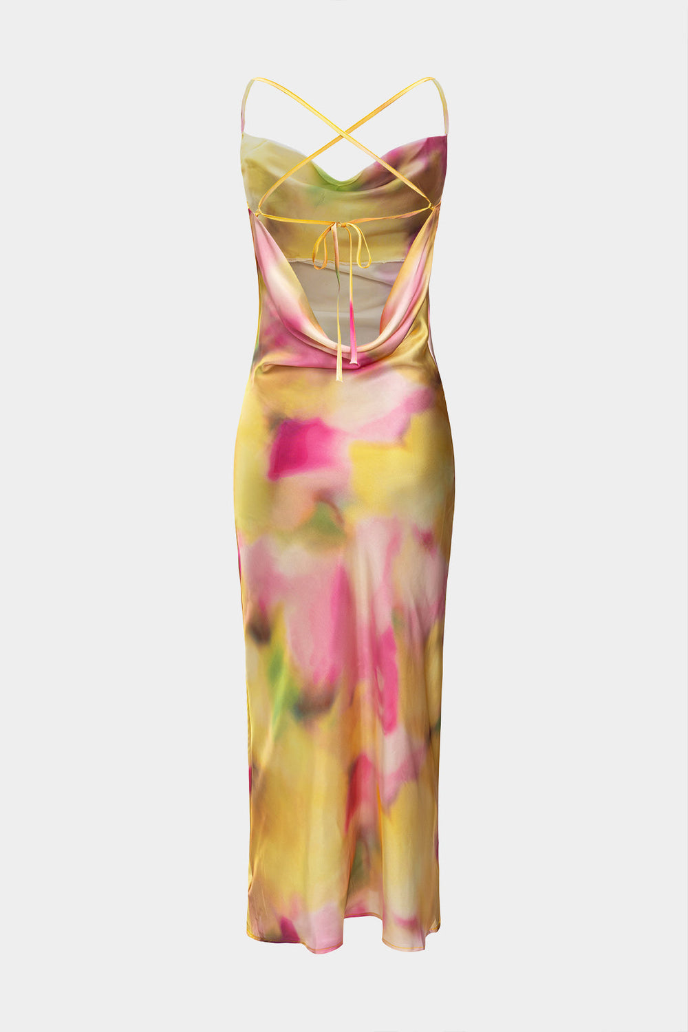 Satin Tie Dye Print Cowl Neck Tie-Up Rugloze Mouwloze Midi Jurk