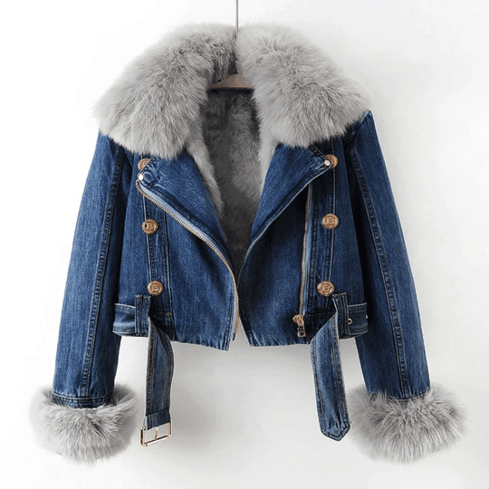 Denim winterjas | Pluche rand | Warme voering | Korte pasvorm