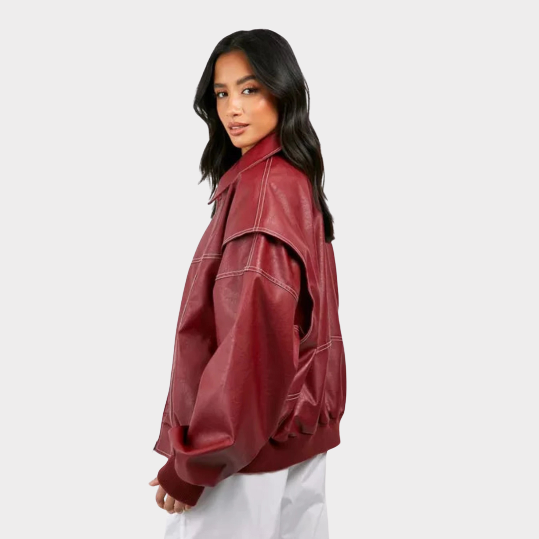 Dames Oversized Bomberjack | PU Leer met Contrasterende Stiksels | Jas met Rits en Voering