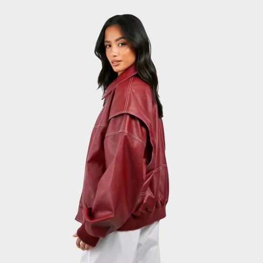Dames Oversized Bomberjack | PU Leer met Contrasterende Stiksels | Jas met Rits en Voering