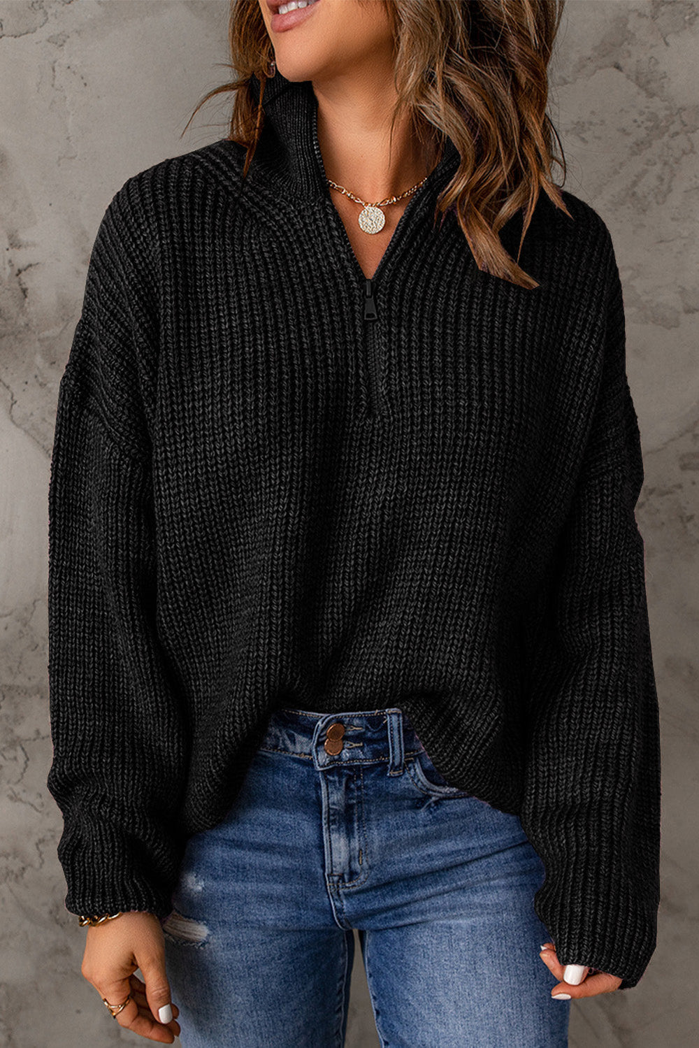Dames Half Zip Rib-Knit Trui | Verlaagde Schouder | Hoge Hals