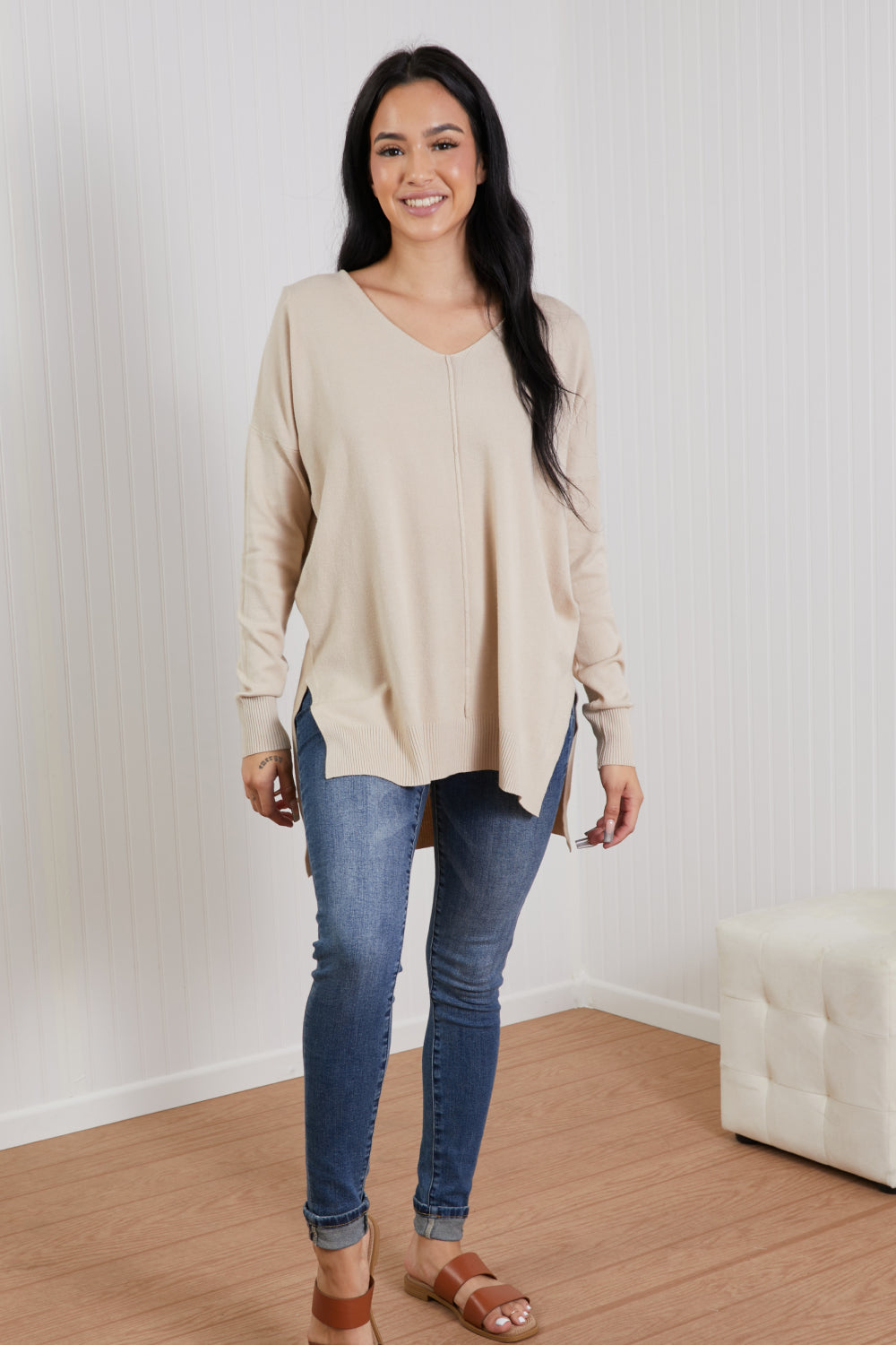 Dames Tuniek Sweater | Met V-Hals en High-Low Design | Comfortabele Lange Trui met Zijsplit