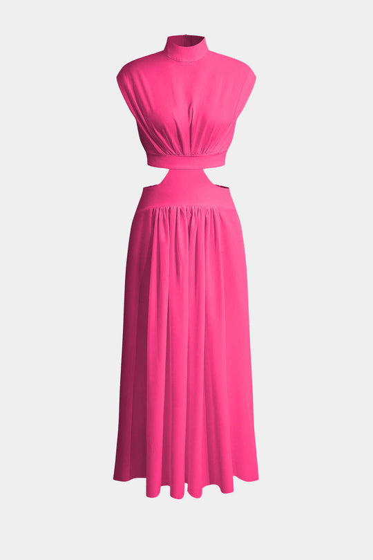 Mock Neck Cut Out Plissé Maxi Jurk