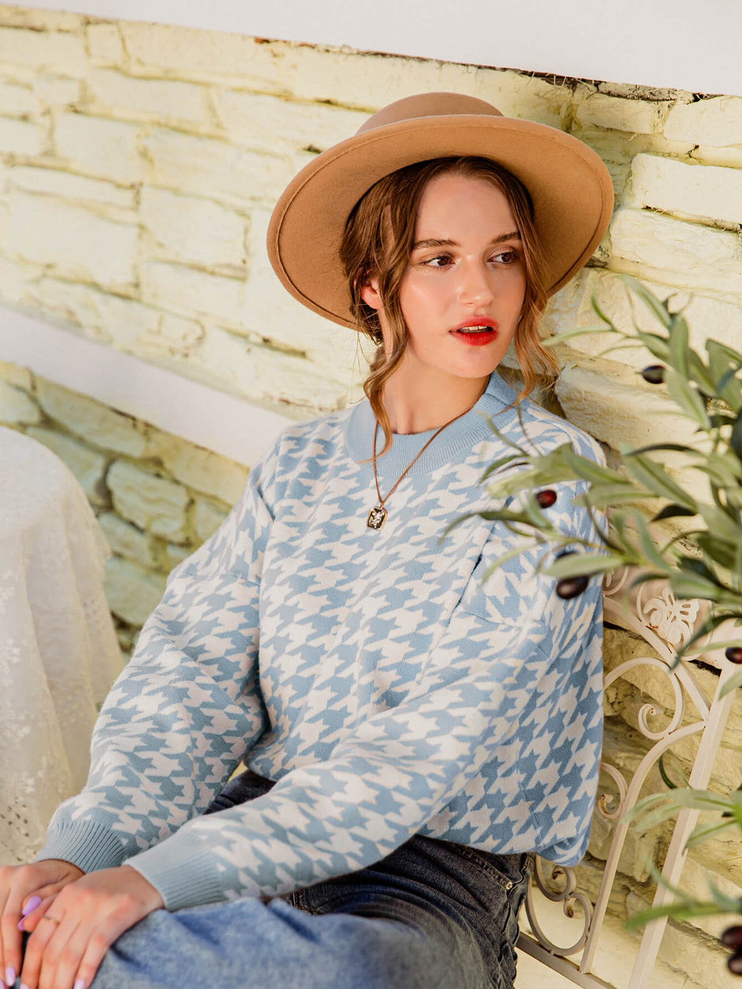 Houndstooth Geribbelde Trim Sweater | Lange Mouwen | Casual Trui met Verlaagde Schouders