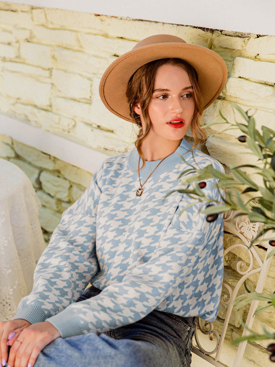 Houndstooth Geribbelde Trim Sweater | Lange Mouwen | Casual Trui met Verlaagde Schouders