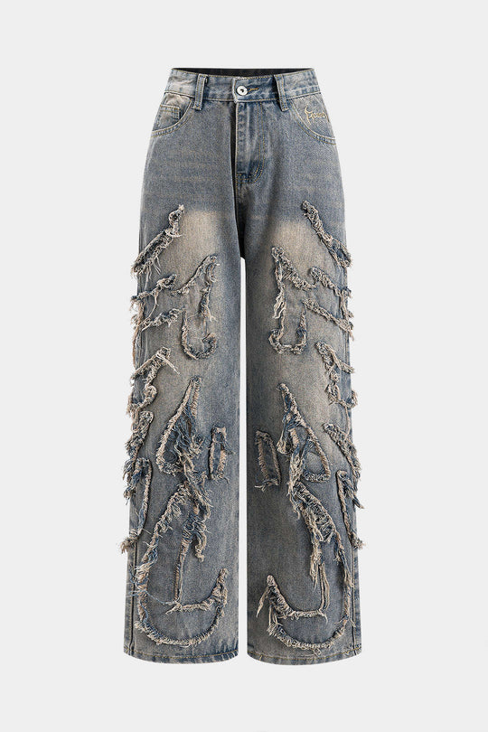 Letter Borduurden Denim Gewassen Knop Pocket Jeans