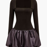 PU Patchwork Ruched Square Neck Mini Jurk