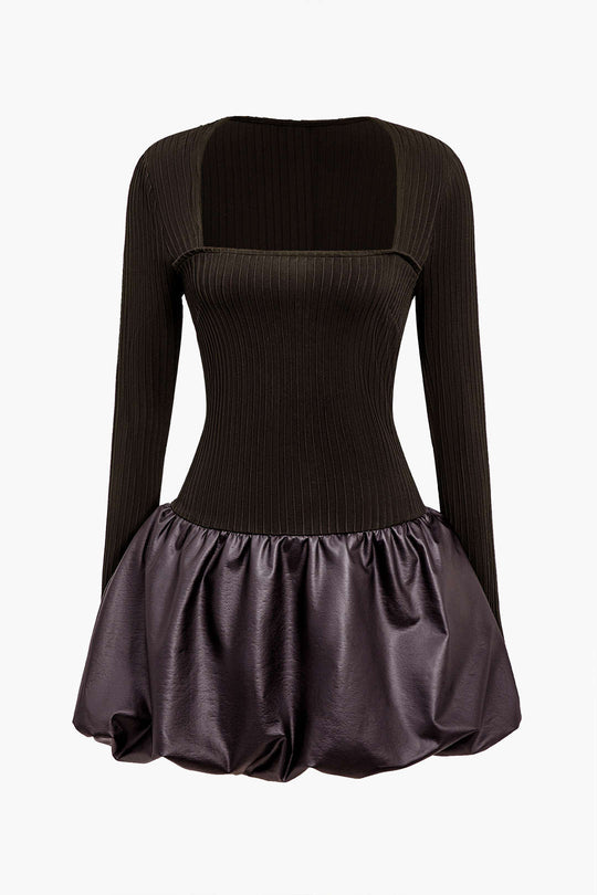 PU Patchwork Ruched Square Neck Mini Jurk