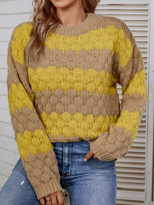 Dames Trui | Gestreept Design met Geribbelde Afwerking | Lange Pasvorm en Verlaagde Schouders