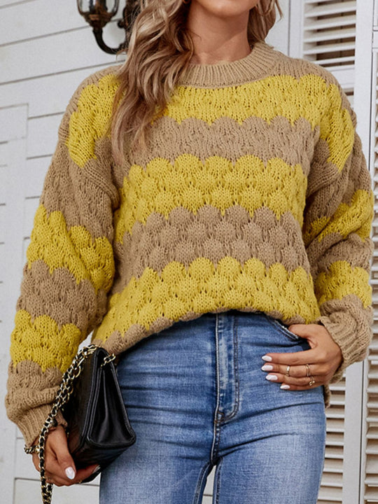 Dames Trui | Gestreept Design met Geribbelde Afwerking | Lange Pasvorm en Verlaagde Schouders