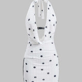 Polka Dots Patroon Kanten Rimpel Halter Nek Tie Up Rugloze Mini Jurk