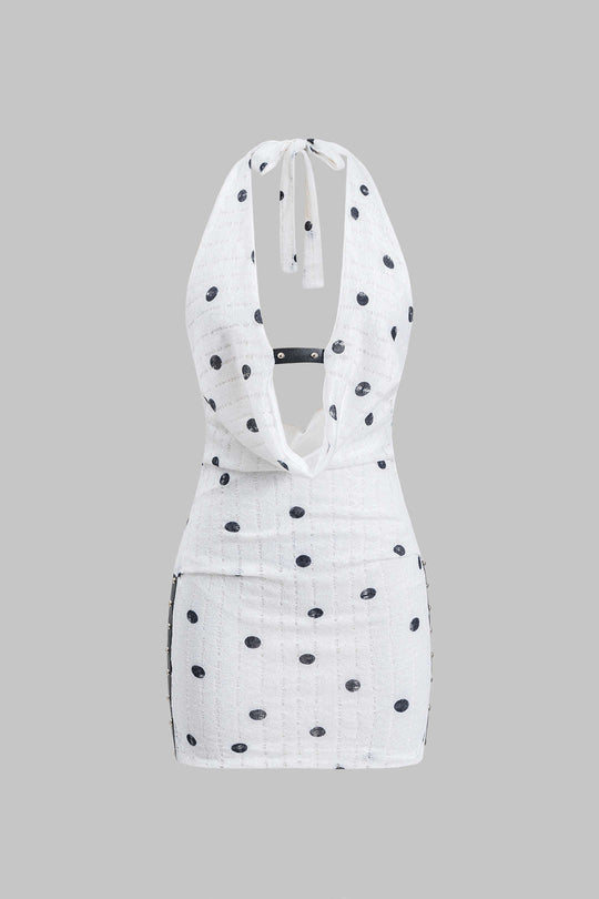 Polka Dots Patroon Kanten Rimpel Halter Nek Tie Up Rugloze Mini Jurk
