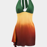 Ombre Print Satijnen Rimpel Tie Up Rugloze Mini Jurk