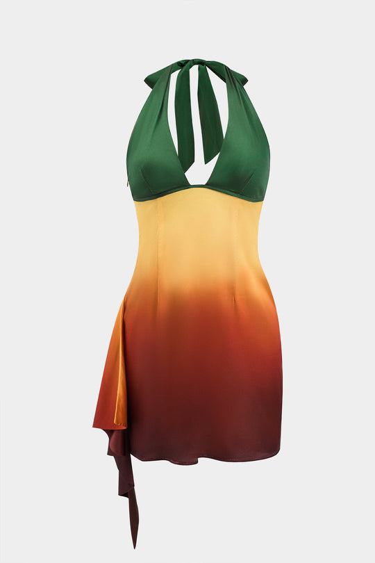 Ombre Print Satijnen Rimpel Tie Up Rugloze Mini Jurk