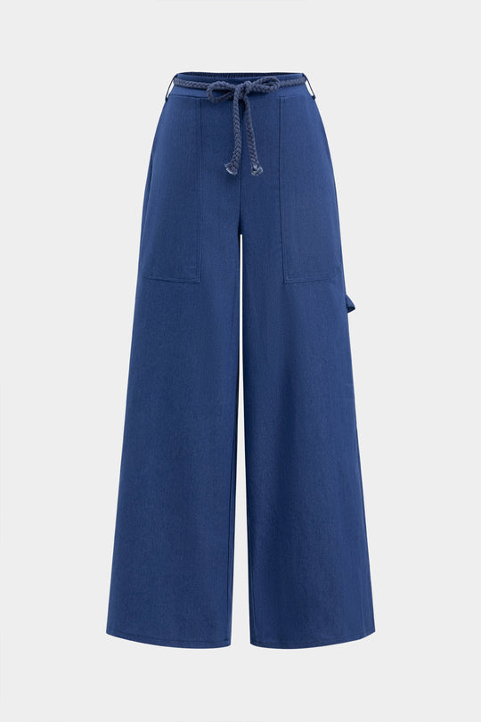 Denim Tube Top En Ruched Tie Front Pocket Wide Leg Jeans Set