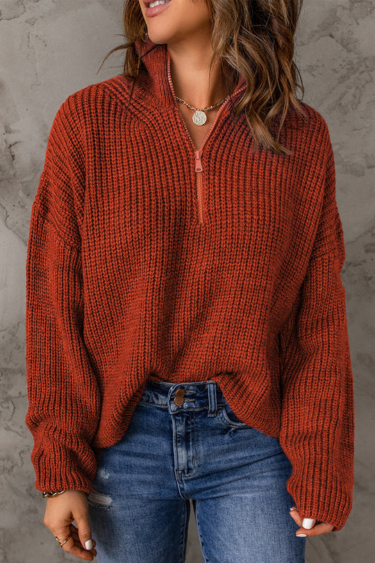 Dames Half Zip Rib-Knit Trui | Verlaagde Schouder | Hoge Hals