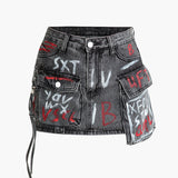 Graffiti Flap Pocket Denim Mini Rok
