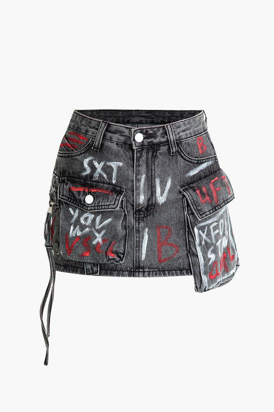 Graffiti Flap Pocket Denim Mini Rok