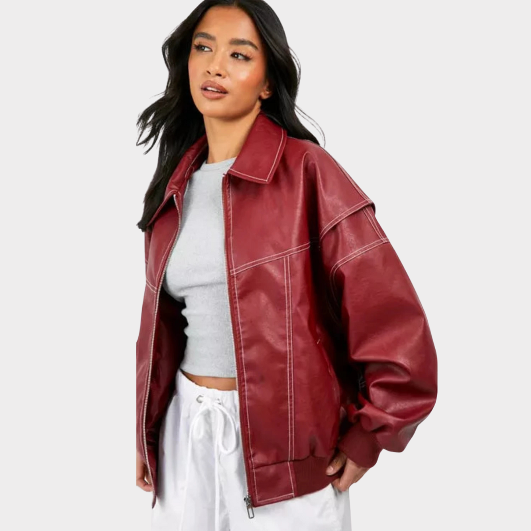 Dames Oversized Bomberjack | PU Leer met Contrasterende Stiksels | Jas met Rits en Voering