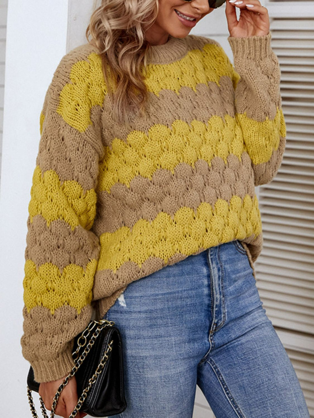 Dames Trui | Gestreept Design met Geribbelde Afwerking | Lange Pasvorm en Verlaagde Schouders