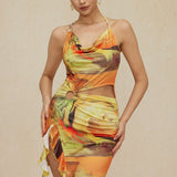 Abstracte Print Halter Cowl Neck Split Mini Jurk