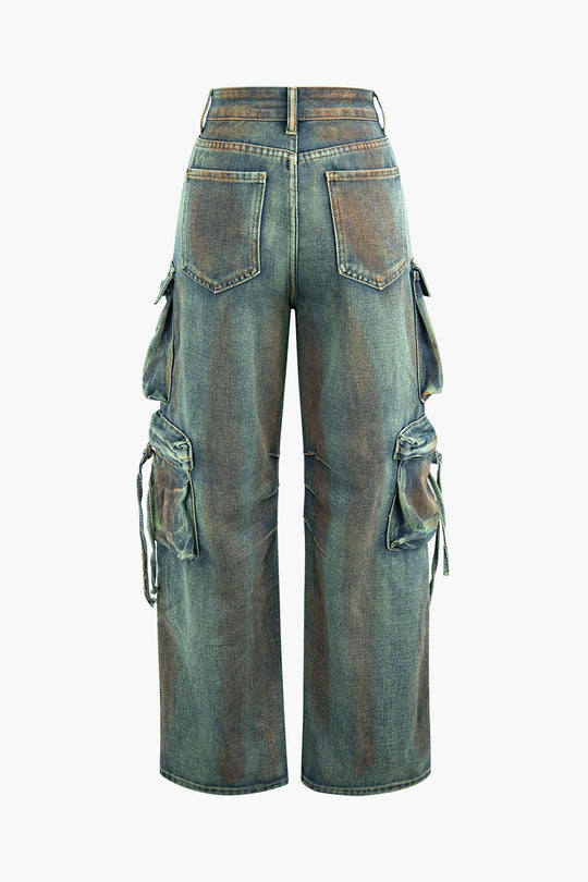 Vlekkige Multi Flap Pocket Straight Leg Cargo Jeans