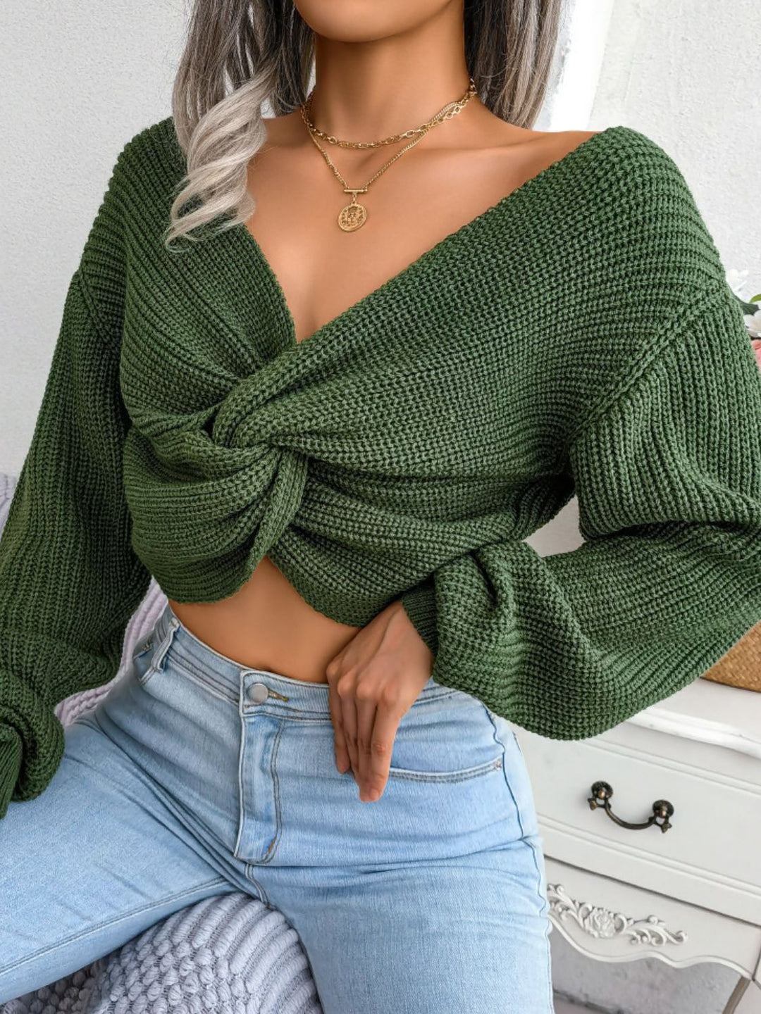 Dames Gedraaide Cropped Trui | Met V-Hals en Lange Mouwen | Geribbelde Minimalistische Trui
