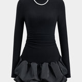 Kralenketting Rimpel Puff Zoom Lange Mouw Mini Jurk