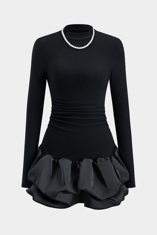Kralenketting Rimpel Puff Zoom Lange Mouw Mini Jurk