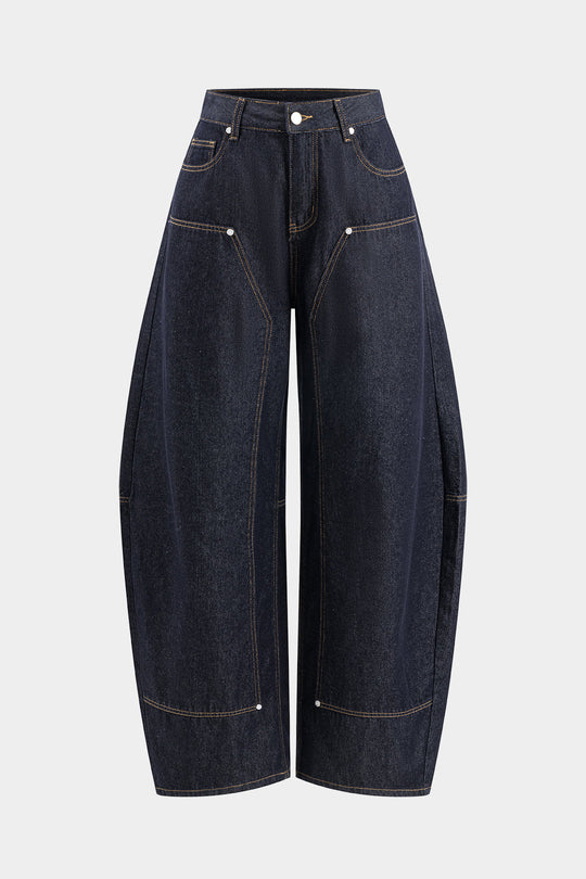 Denim Whipstitching Metallic Wide Leg Barrel Jeans